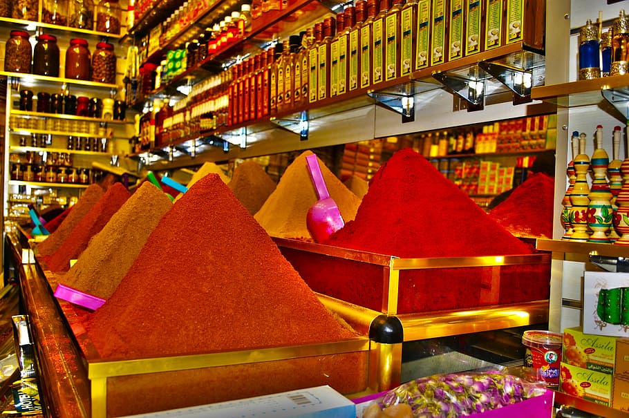 brown and red condiments powder on liquor store, morocco, spices HD wallpaper