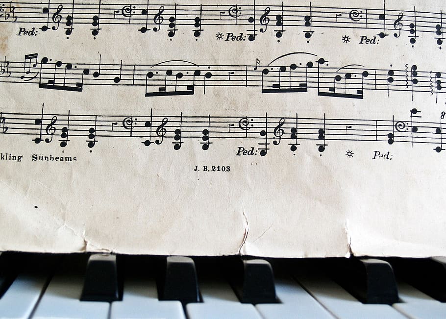 Music Notes and sheet music on a piano, photos, keys, public domain