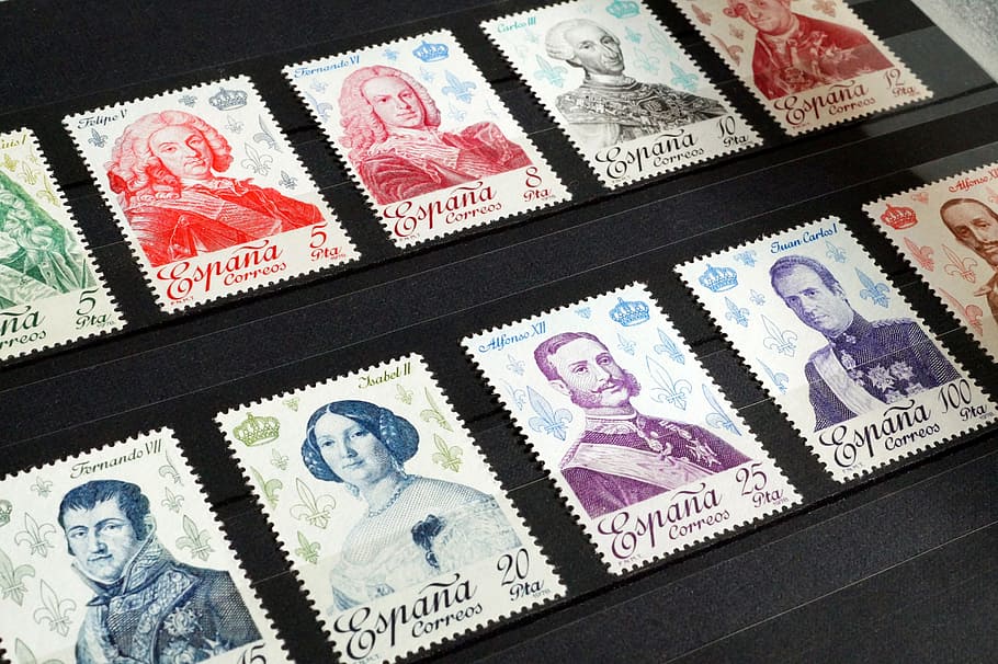 assorted postage stamps, stamp collection, philately, spain, kings, HD wallpaper