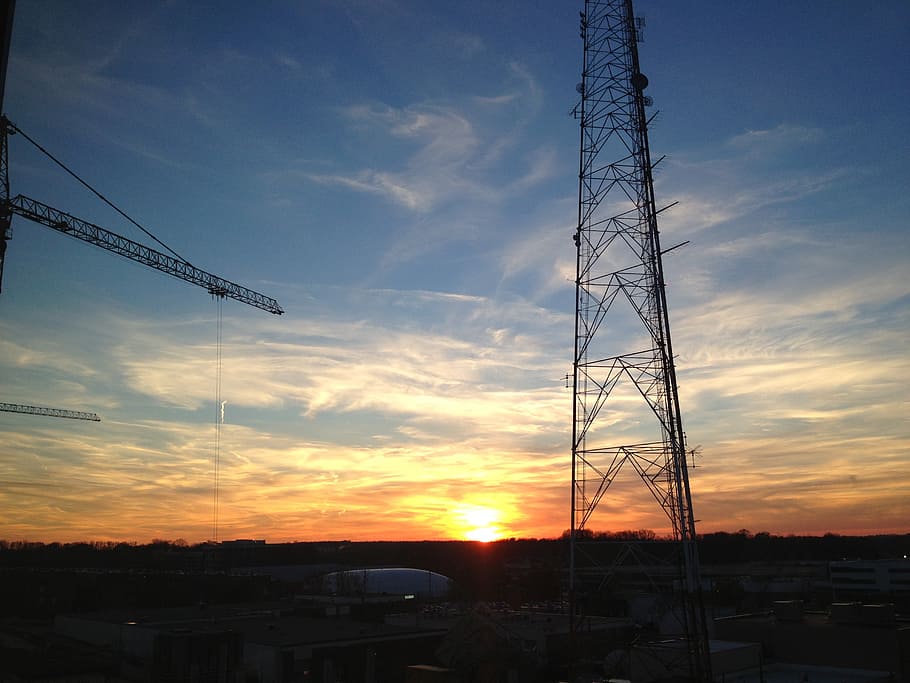 sunset, antenna, crane, sky, evening, cloud - sky, silhouette HD wallpaper