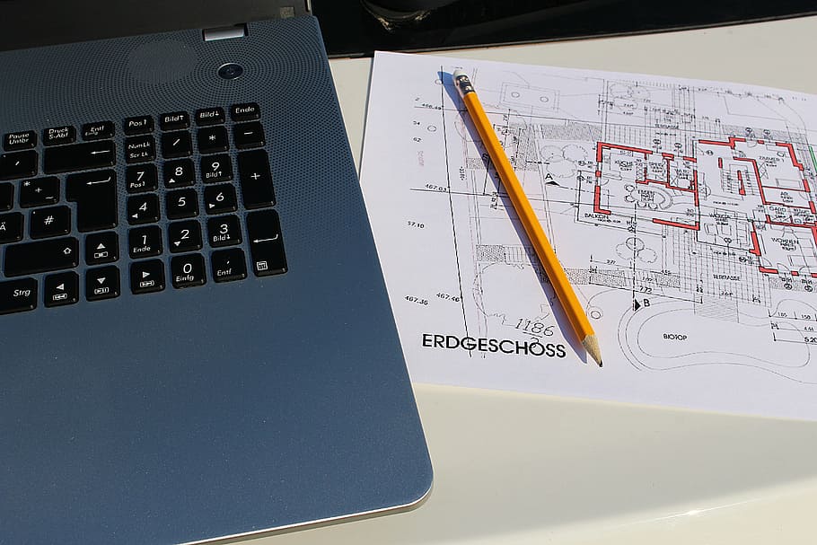 black and grey laptop and brown wooden pencil, building plan HD wallpaper