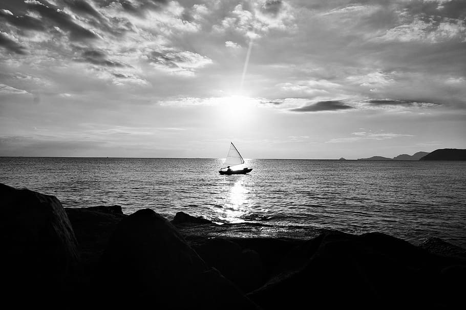 sunset, backlight, boat, sea, sky, atmosphere, tranquility HD wallpaper