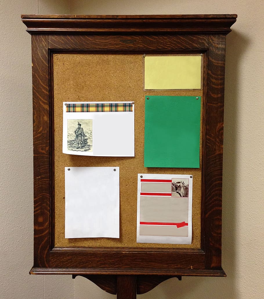 five papers pinned on corkboard with brown wooden frame, Bulletin Board
