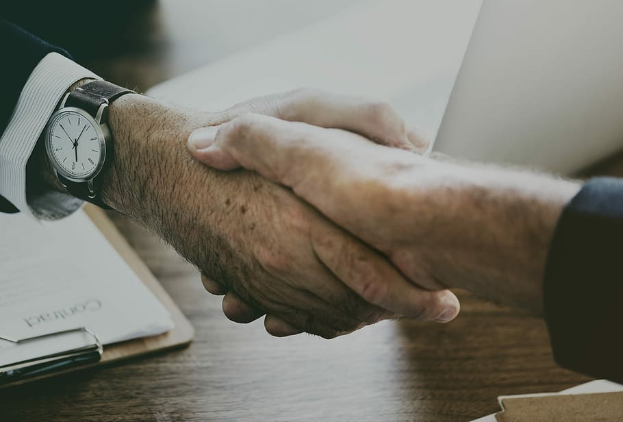 two people shaking hands, human hand, computer, men, time, communication HD wallpaper