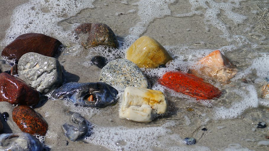 stones on seashore, colorful, beach, structure, water, coast HD wallpaper