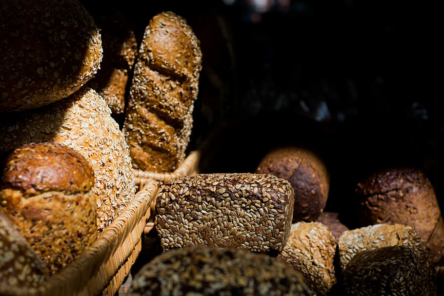 brown rocks, close photo of bread on basket, wheat, seed, food HD wallpaper