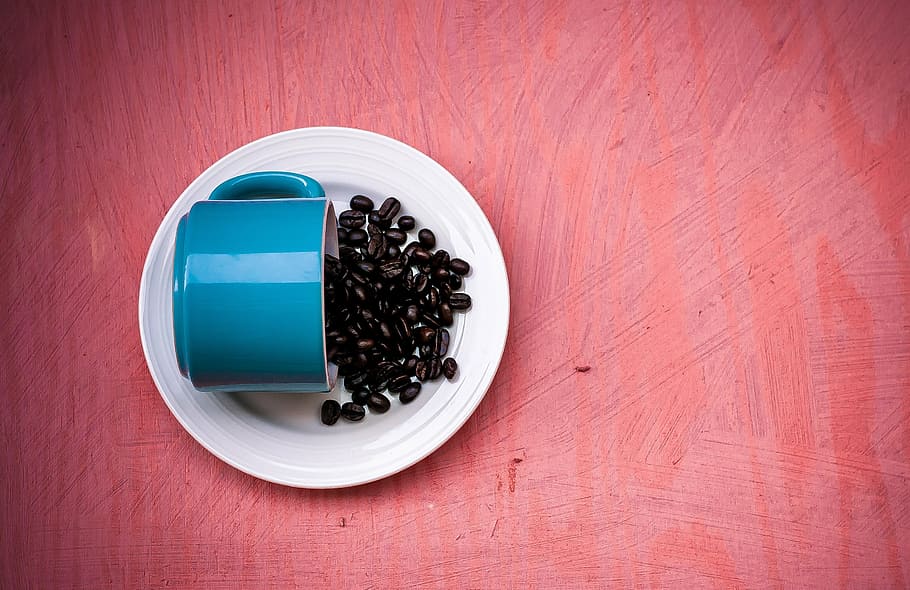 coffee bean serve on white saucer, beans, blue, red, caffeine, HD wallpaper