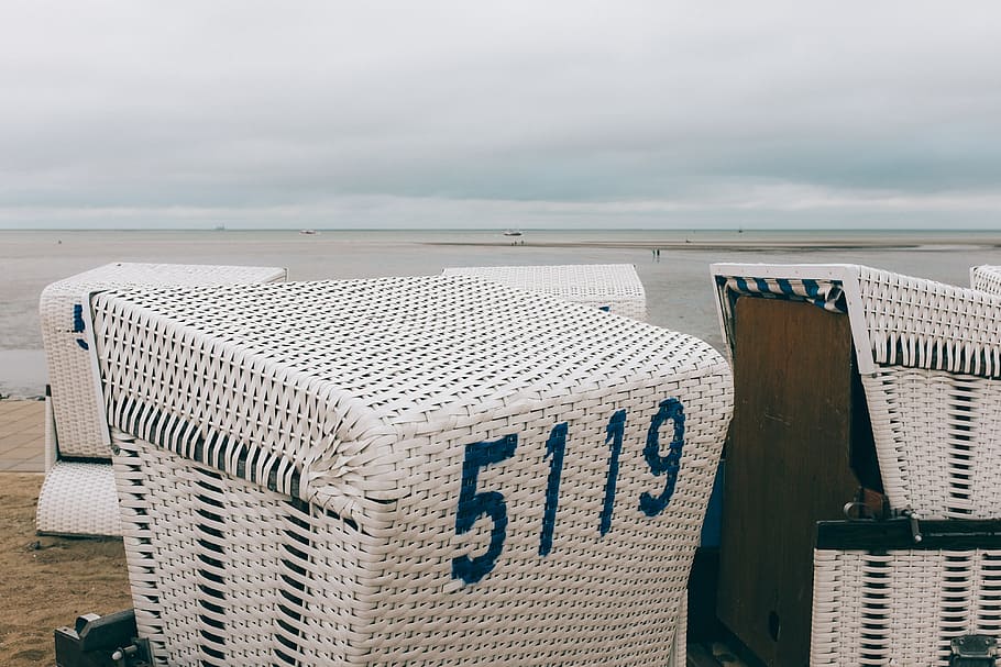 Strandkorb beach-chairs, landscape, sea, no People, sand, outdoors HD wallpaper