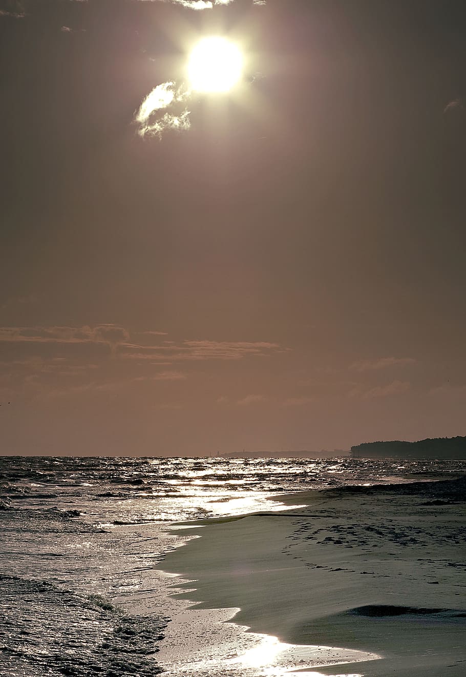 heat, brown, sunset, beach, sea, the sun, ocean, the waves HD wallpaper