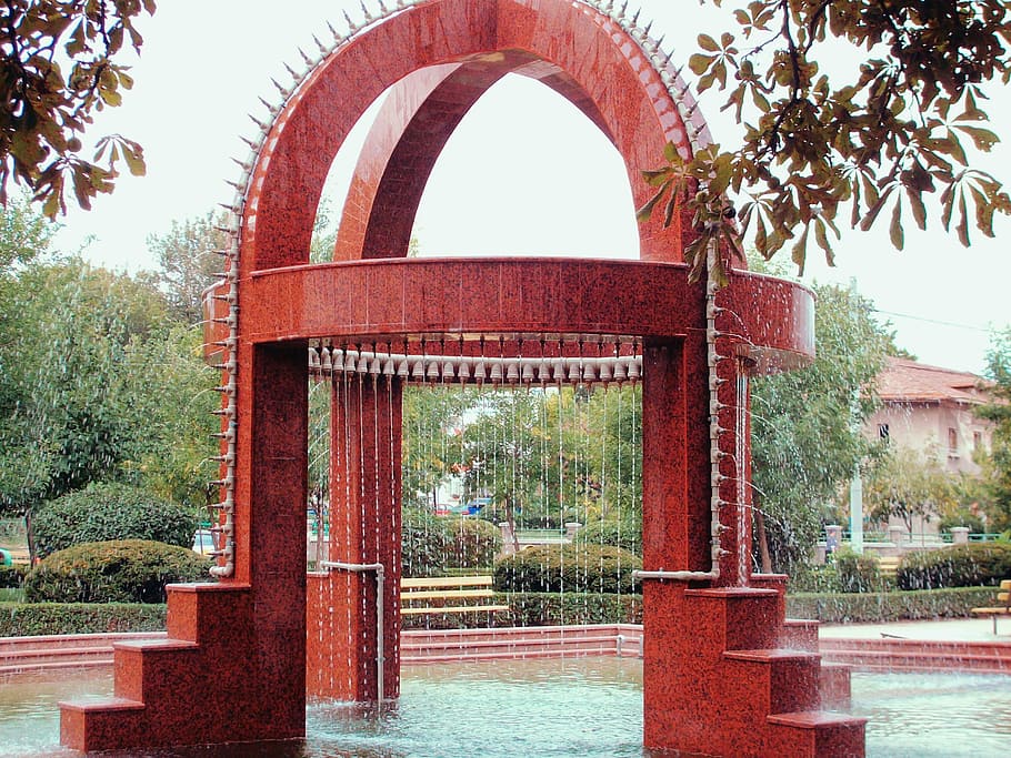 fountain, water, architecture, arcade, tree, plant, built structure HD wallpaper