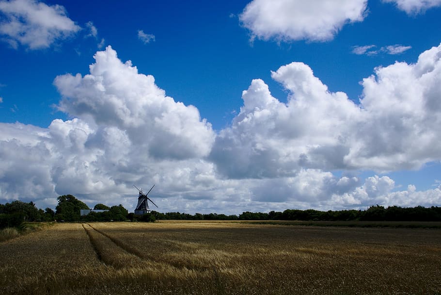 windmill, sky, cloud, cumulus, fields, agriculture, landscape HD wallpaper