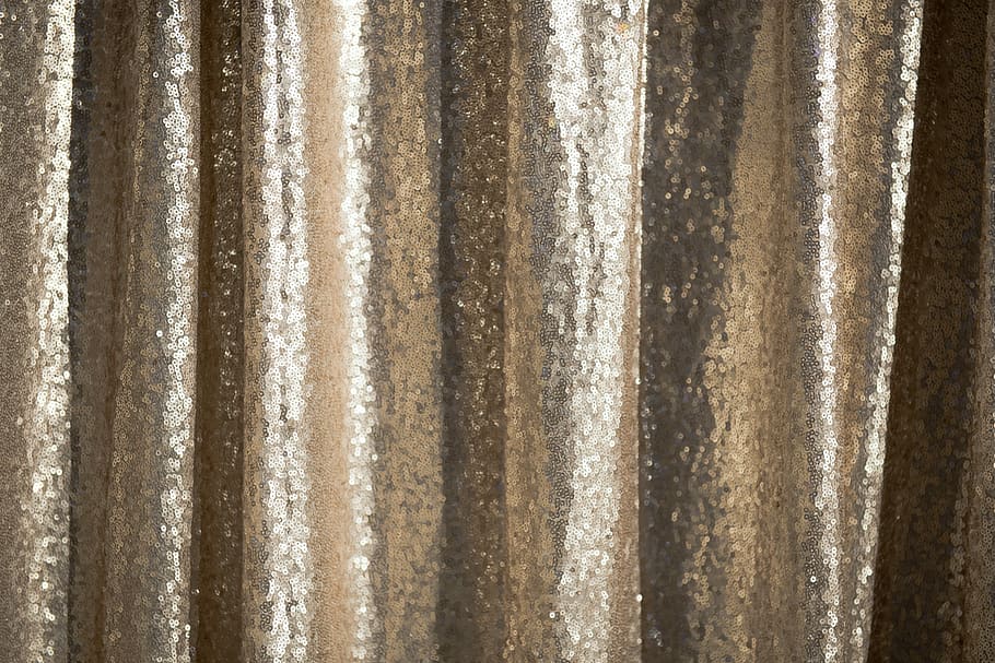 gold sequin textile, brown textile, shiny, curtain, drape, light HD wallpaper