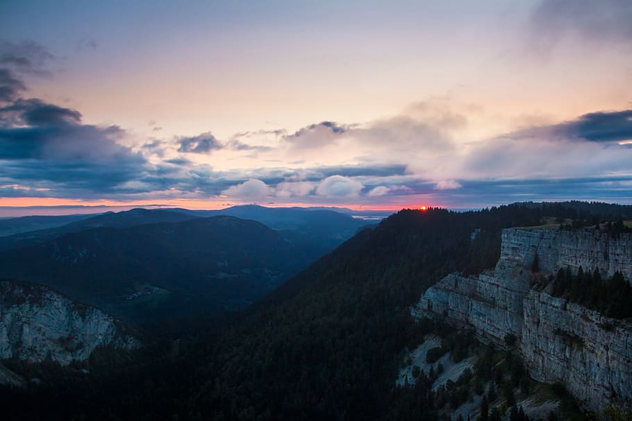 landscape photography of mountains under cloudy sky, sunrise, HD wallpaper