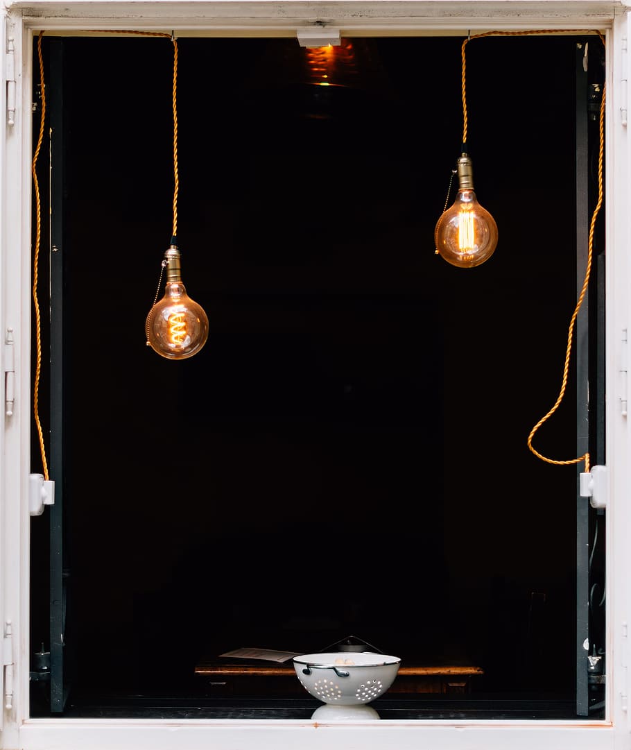 brown pendant lights, two turned on halogen light bulbs above white bowl HD wallpaper