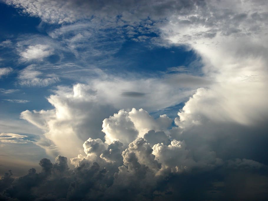 Aerial view of clouds, cumulus, dramatic, white, blue, sky HD wallpaper