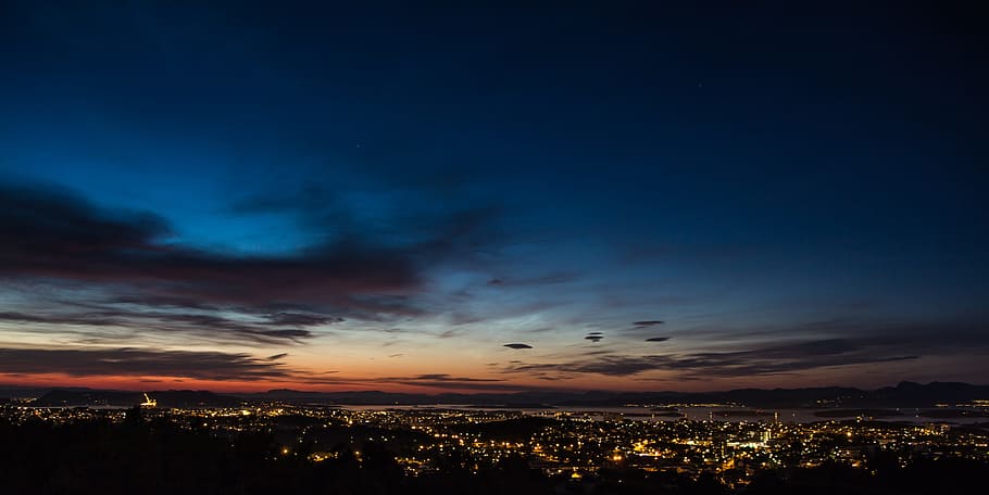 aerial view of the city during night time, stavanger, sea, fjord
