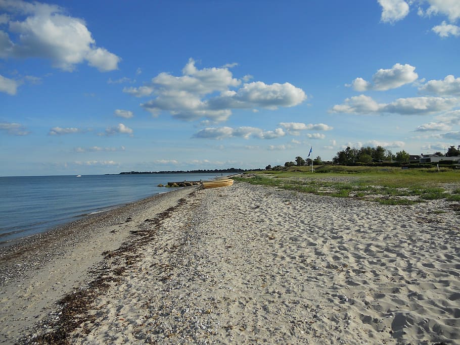 beach, sand, boot, denmark, baltic sea, coast, sky, cloud - sky HD wallpaper