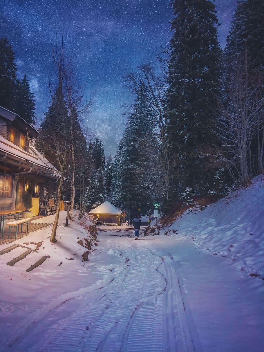 brown house surrounded by snow, night, germany, winter, cold