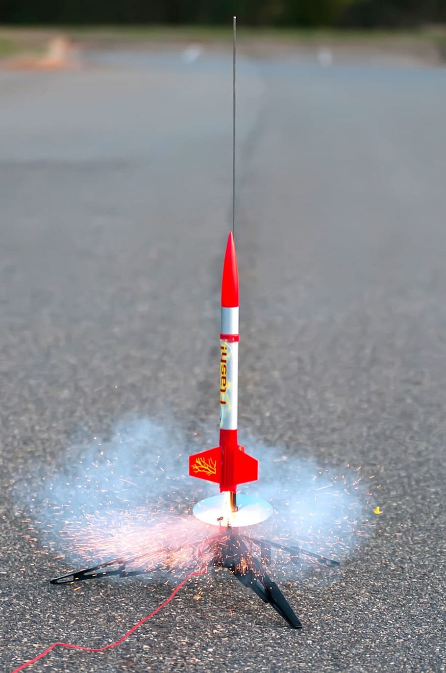 lighted rocket, Hobby, Model, Launching, science, flight, asphalt HD wallpaper