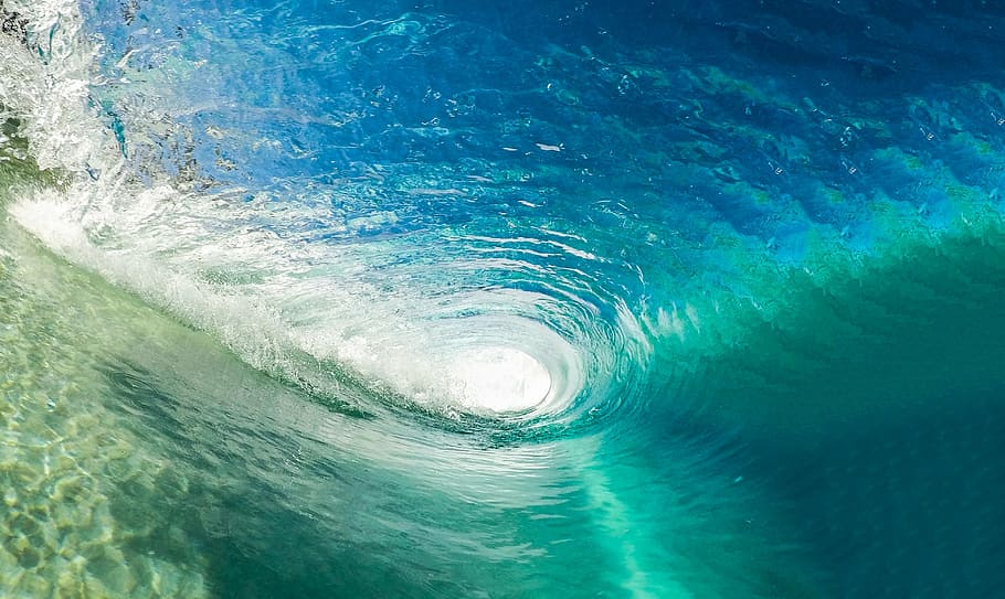 photography underneath sea wave, tube, ocean, blue, surf, barrel, HD wallpaper