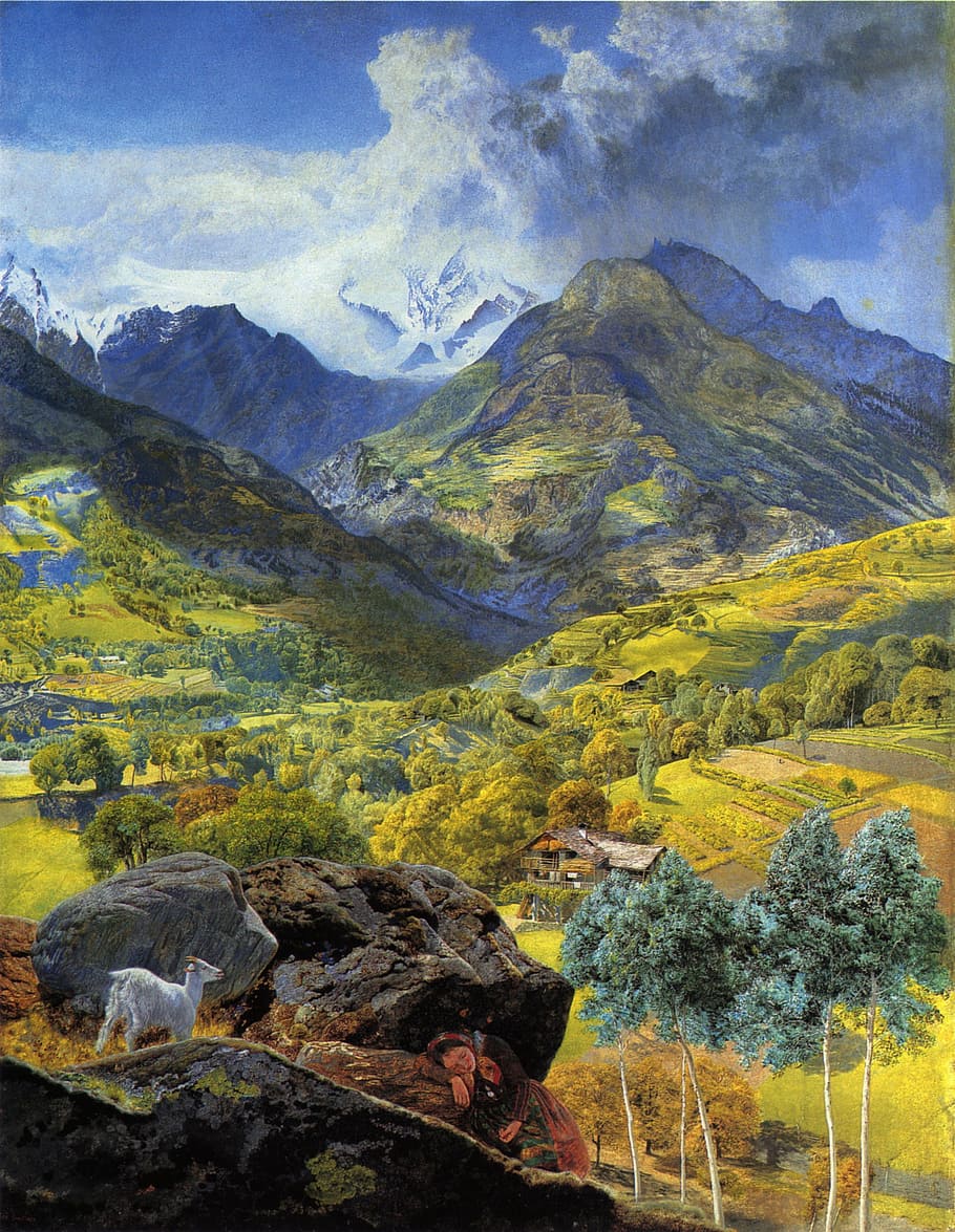 field and mountains painting, john brett, art, oil on canvas