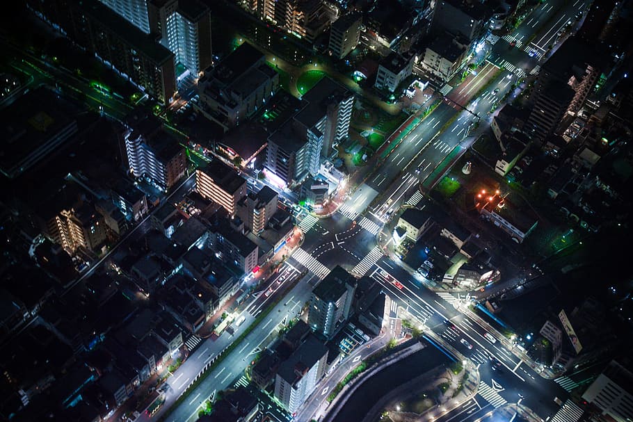 aerial view of skyscrapers and driveway, junction, crossing HD wallpaper