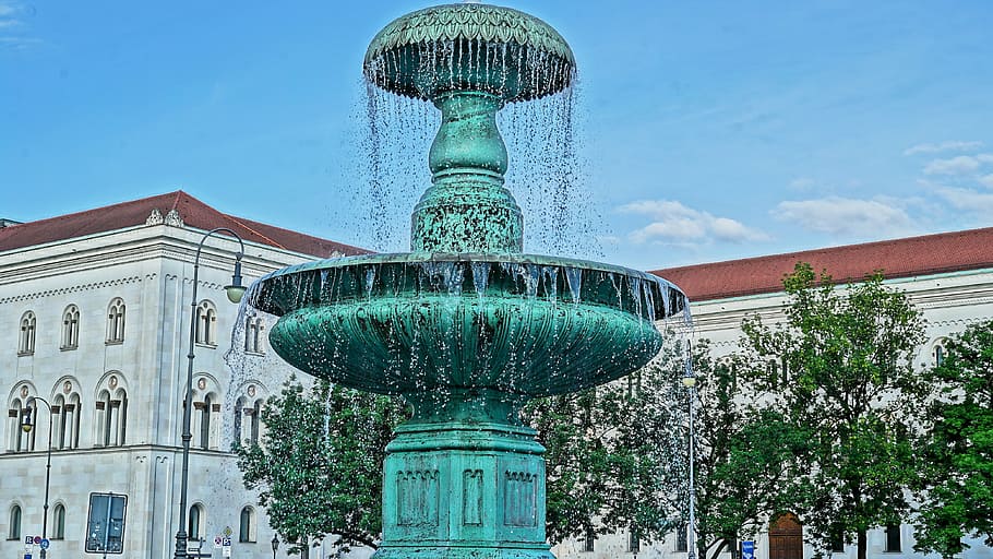 fountain, munich, bavaria, state capital, architecture, sky HD wallpaper