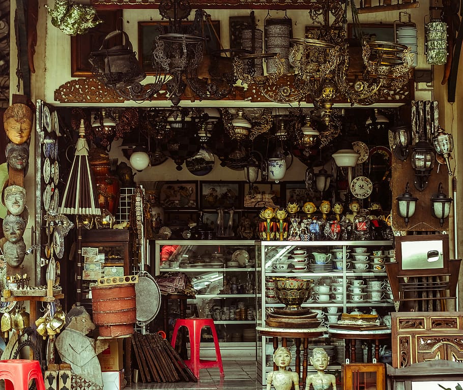 assorted antique store display, assorted-type item lot, shop, HD wallpaper
