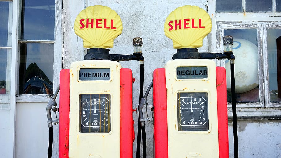 two beige-and-red Shell fuel dispensers, white, vintage, pumps HD wallpaper