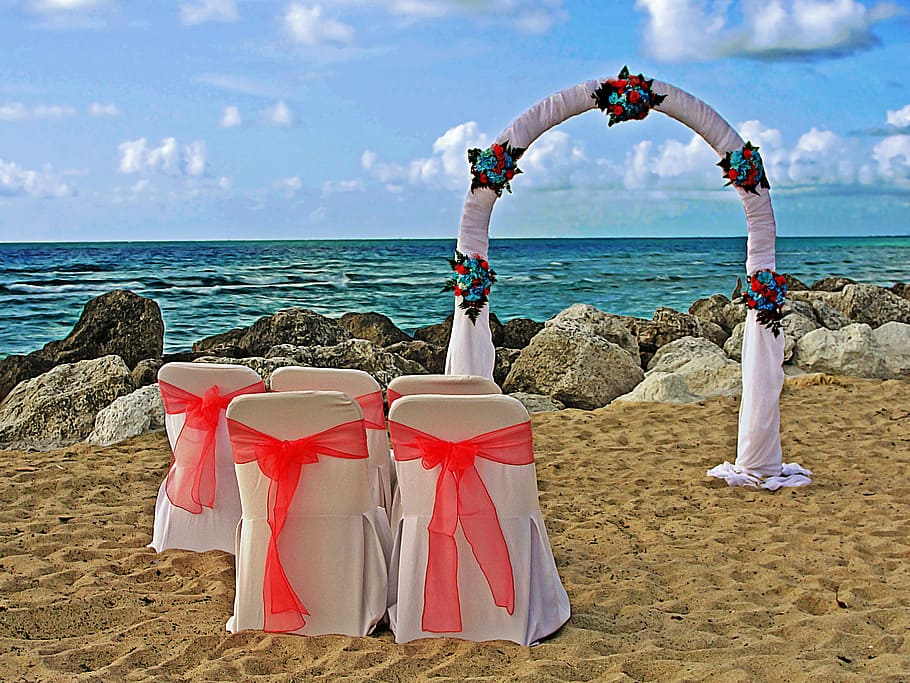 beach, wedding, sea, romantic, event, sky, water, land, horizon over water HD wallpaper