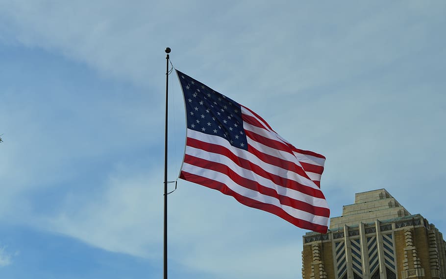 American flag, building, sky, patriotism, low angle view, striped HD wallpaper