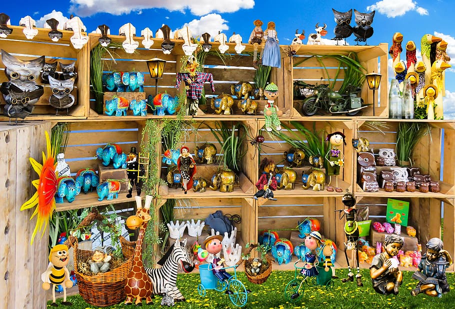 assorted-animal in wooden crates, figures, garden, garden figurines