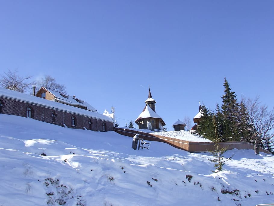 mountain, snow, landscape, winter, church, nature, architecture HD wallpaper