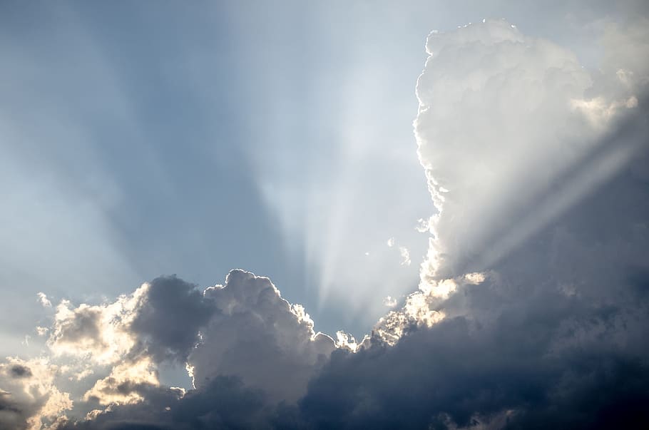 sky, clouds, sun, ray, blue, ray of light, blue sky, sunbeam HD wallpaper