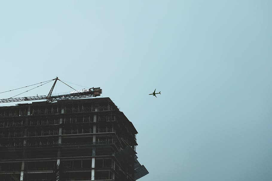 airplane, sky, building, flight, aircraft, fly, travel, transportation HD wallpaper
