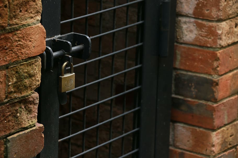 key, padlock, cage, brick, metal, no people, safety, brick wall HD wallpaper