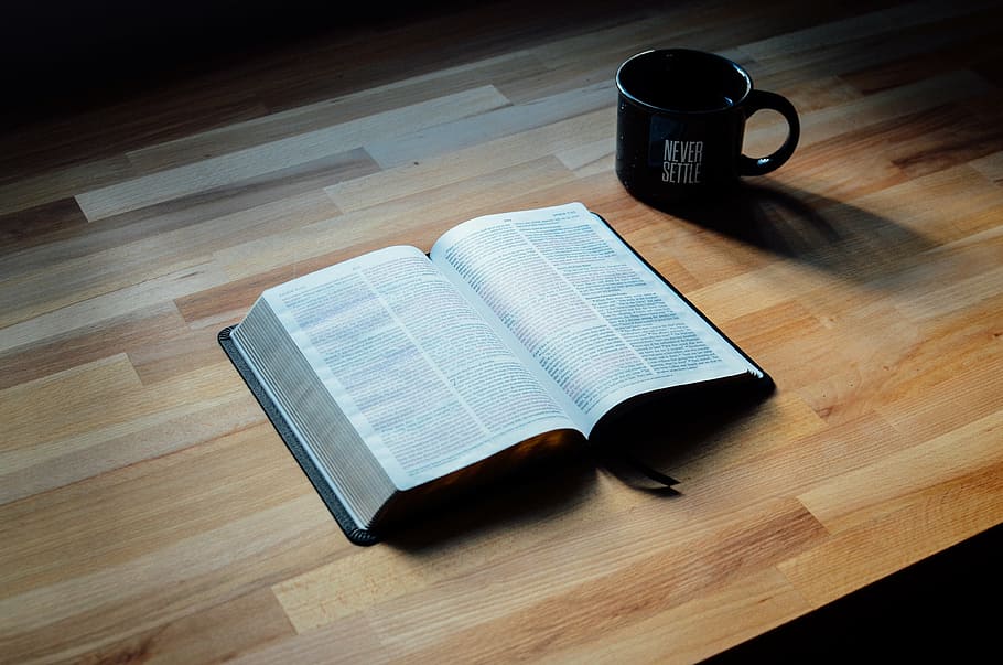 book beside black ceramic mug, bible, old, paper, pages, testament