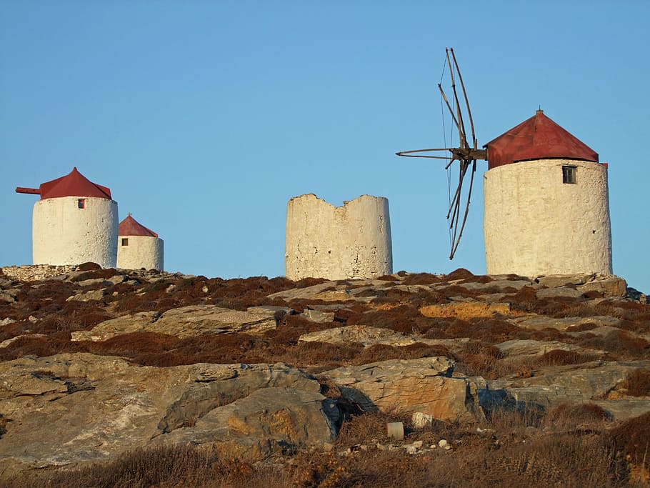 windmills, old, landmark, ruin, greece, amorgos, stone, rock HD wallpaper