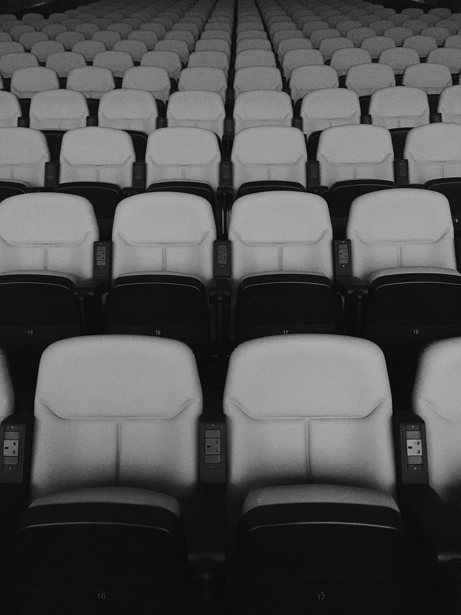 theater seats empty, chair, movie, watch, line, indoor, steel, HD wallpaper