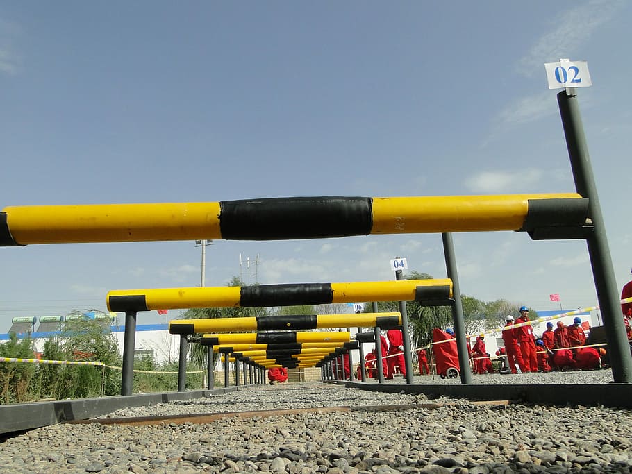 oil workers, railing, pipeline, yellow, sky, nature, day, no people HD wallpaper