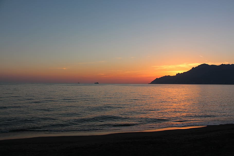beach and orange sunset, amalfi coast, salerno, sea, tyrrhenian, HD wallpaper
