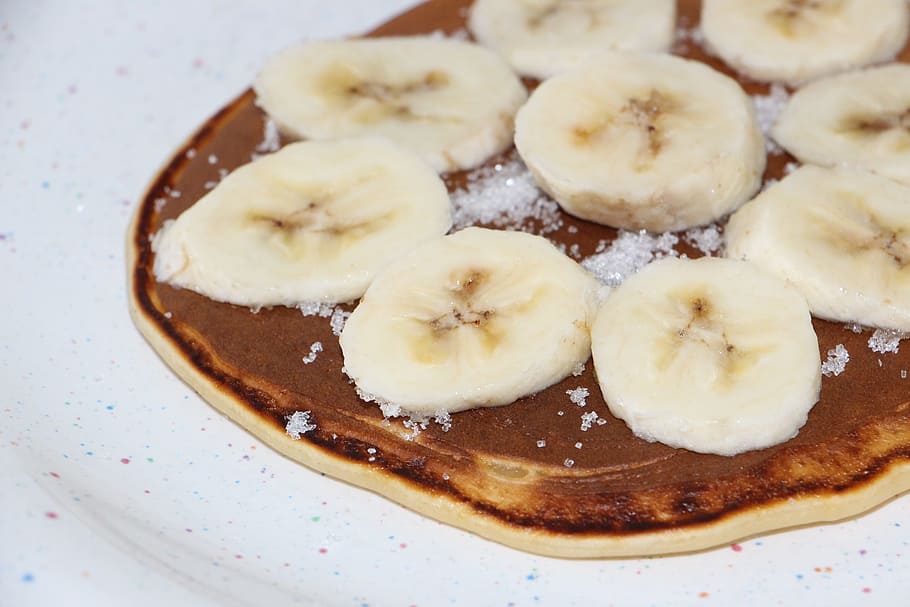 pancake topped with sliced bananas, Crepes, Eat, Food, sugar