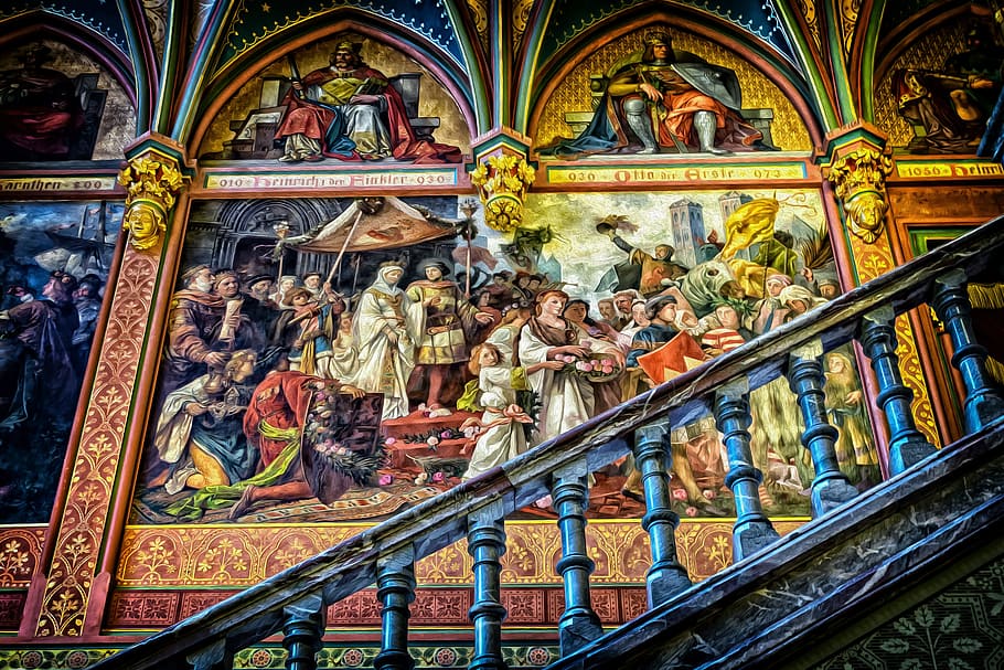 religious painting, gallery, gallery of ancestors, art, stairs