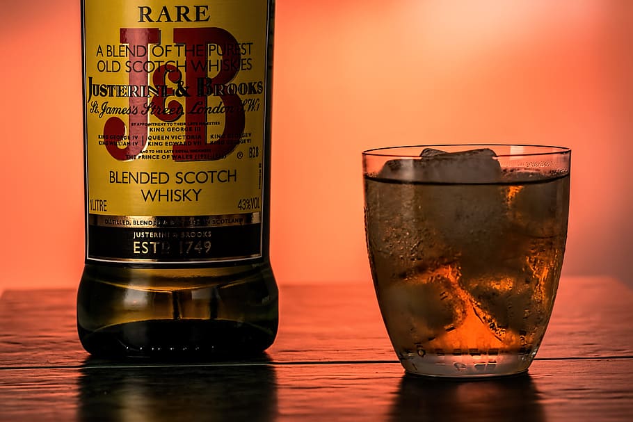 J&B blended scotch whiskey bottle and shot glass, scotch whisky, HD wallpaper