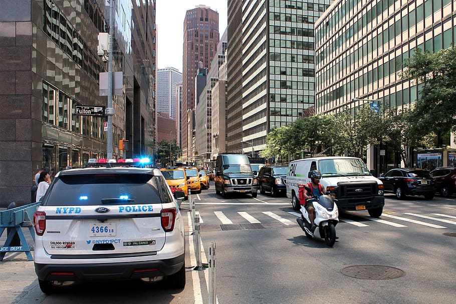 police, nypd, manhattan, police car, cop, nyc, traffic, motor vehicle, HD wallpaper