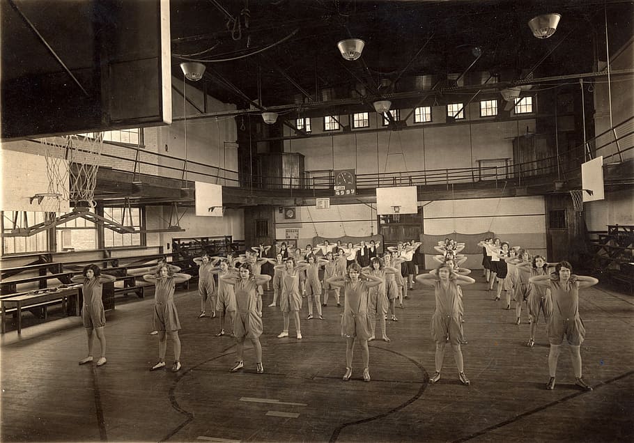 grayscale photo of people standing on basketball court, Gym, Class
