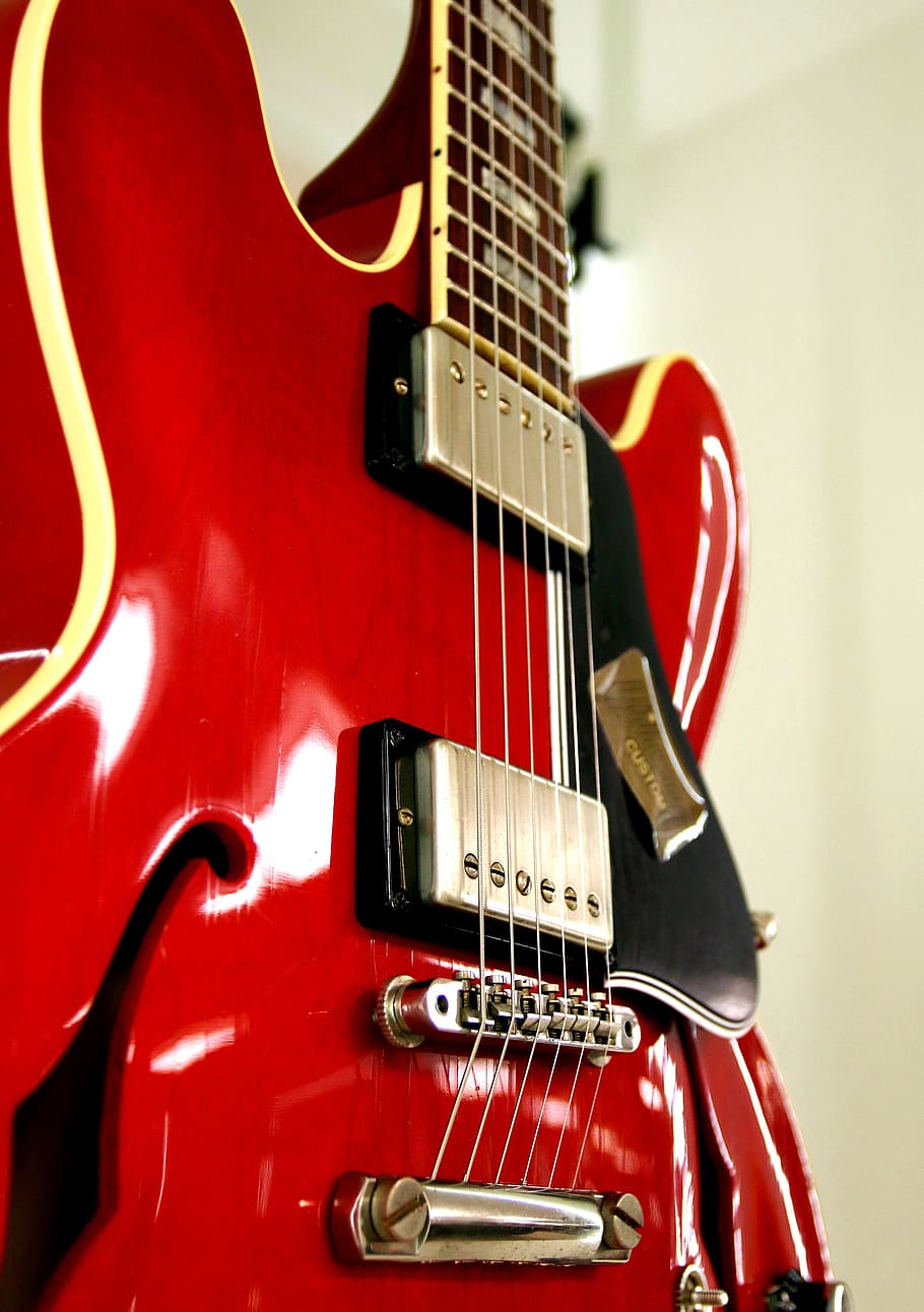 red electric guitar, gibson, les pauls, music, instrument, electrically, HD wallpaper