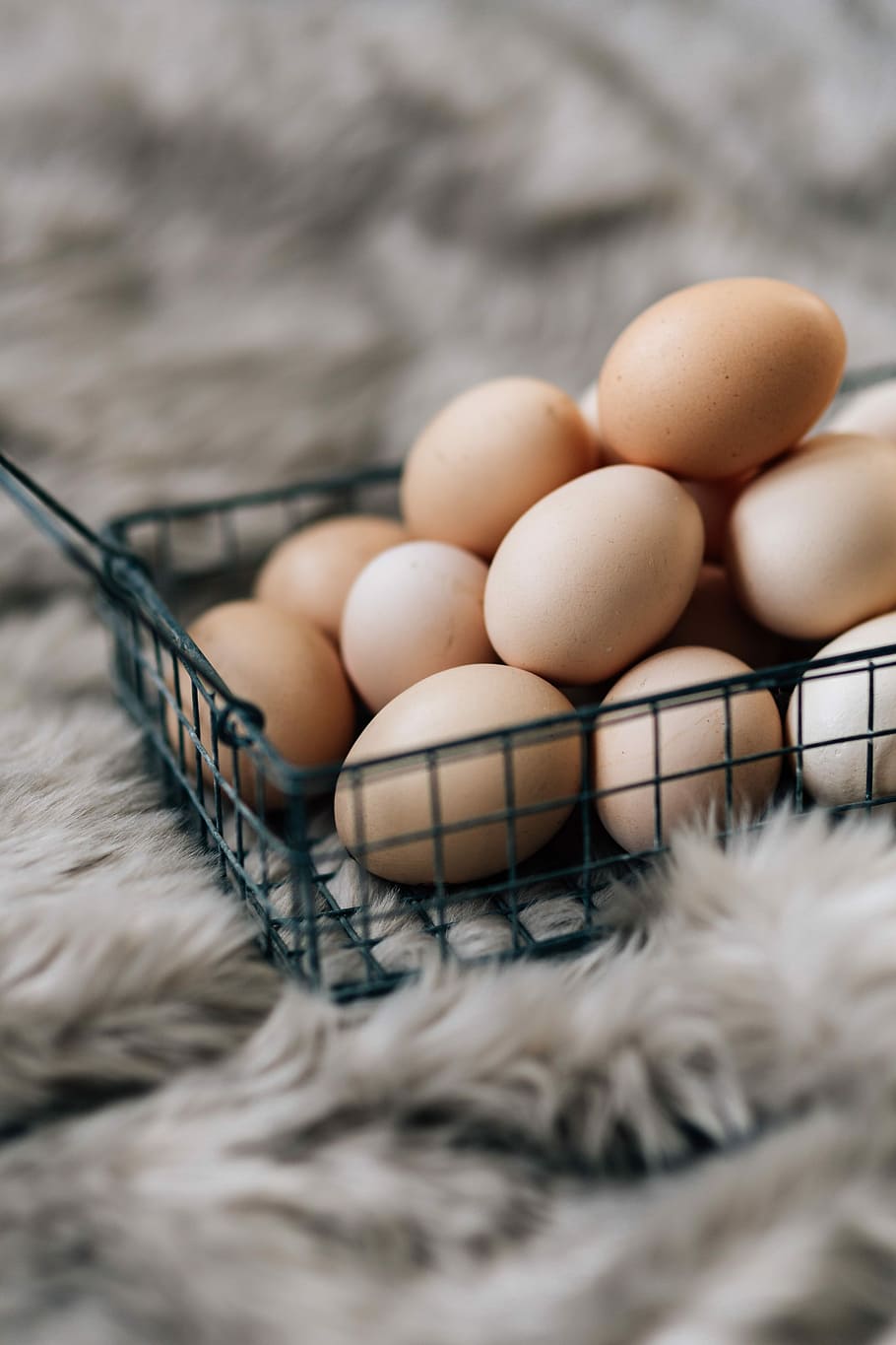 Wire mesh basket with fresh farm eggs, breakfast, food, healthy