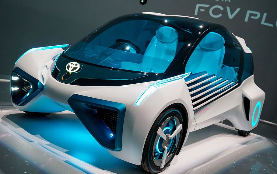 white and blue Toyota smart car, fcv plus, concept car, 2016