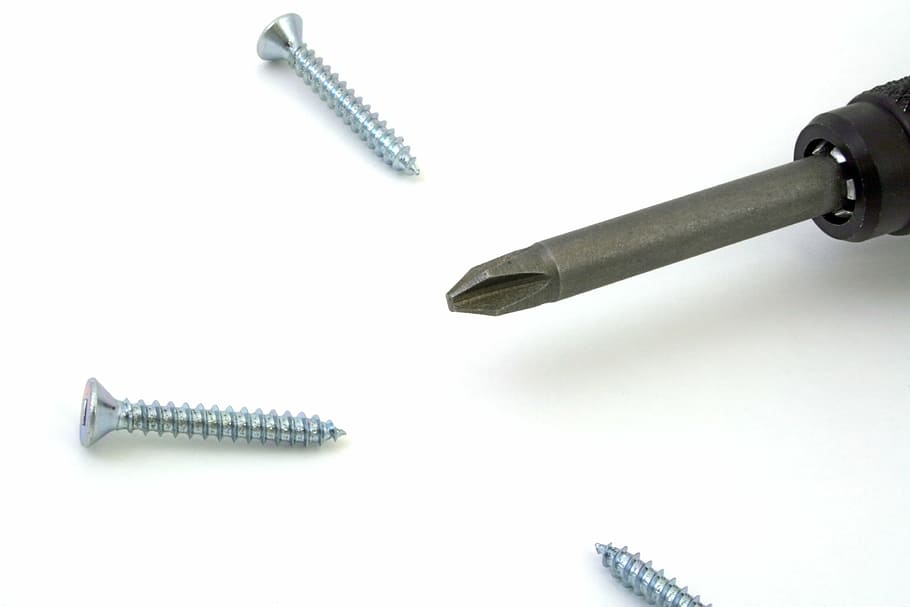 screwdriver, screws, tools, white background, metal, alloy